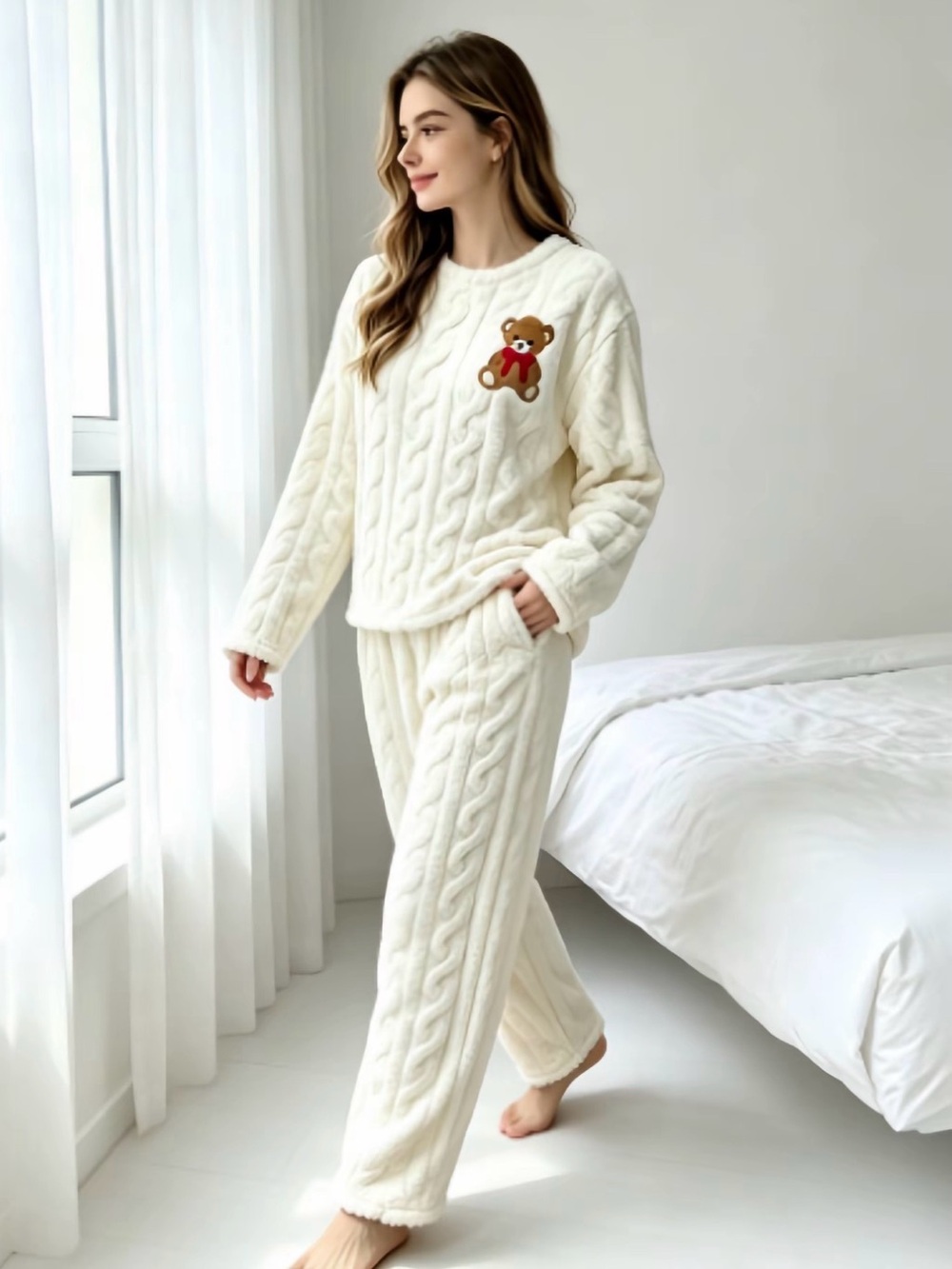 Cozy Cream Cable-Knit Teddy Pajama Lounge Set New